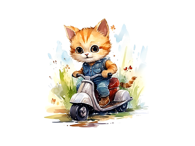 Cute kitty riding scooter illustration adorable art cute illustration kids kitty watercolor