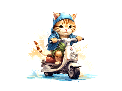 cute cat riding scooter kids art illustration animal cheerful cute illustration joyful kids art watercolor