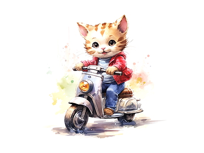 cute kitty riding scooter kids art illustration animal cat cheerful cute design illustration joyful kids art watercolor