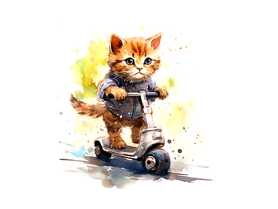 cute cat riding scooter illustration animal cat cheerful cute illustration joyful kids art