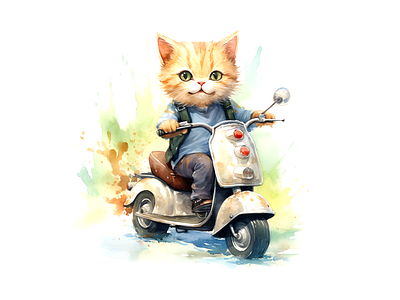 cute cat riding scooter animal cat cheerful cute design illustration joyful kids art watercolor