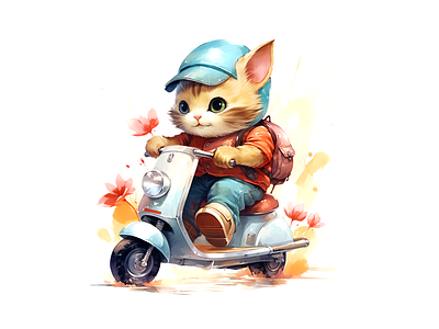 cute kitty riding scooter illustration kids art animal cheerful cute illustration joyful kids art logo watercolor