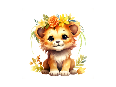 cute animal lion wearing flowe crown illustration animal cheerful cute illustration joyful kids art lion watercolor