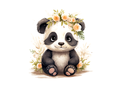 cute baby panda wearing flower crown cheerful cute design illustration joyful kids art panda watercolor