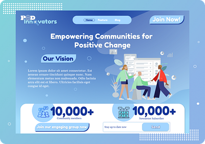 Podinnovators- print on demand community blue branding button community graphic design homepage logo navigation print on demand skyblue ui