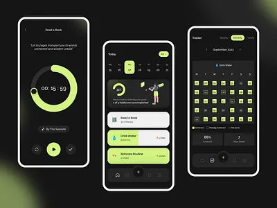 Habit Tracker app design chart clean dark dark theme habit tracker illustration mobile mobile app mobile app design pomodoro productive tracker tracking