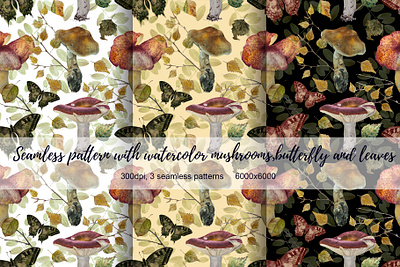 Seamless pattern with mushrooms, butterflys and leaves butterfly graphic design illustration pattern typography watercolor