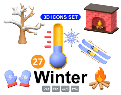 Winter 3D icon Set ✨ bonfire christmas bell fireplace sledge snowflake
