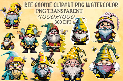 Bee Gnome Clipart PNG Watercolor Bundle digital santa claus clipart