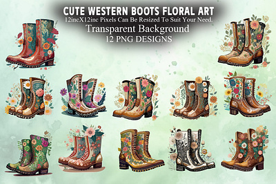 Cute Western Boots Floral Watercolor Art digital santa claus clipart