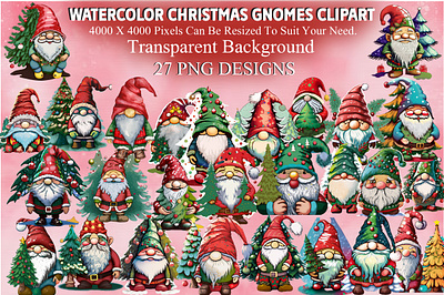 Watercolor Christmas Gnomes Clipart digital santa claus clipart