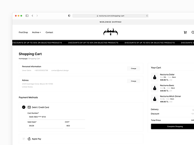 Nocturna Shopping Cart 🕴️ app application cart components design hoodie icons minimal nocturna online shopping product shopping shopping cart t shirt ui uiux ux web website website design