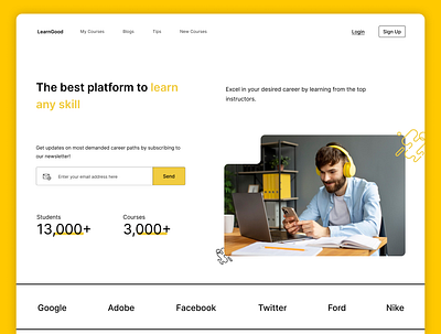 Digital learning platform concept design attractive landing page course selling website e learning hero section homepage landing page online learning trending web design ui website design yellow theme website