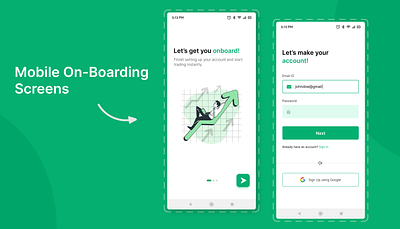 Mobile Onboarding Screens attractive login screens clean and minimal design illustration mobile screen mobile login mobile login screen mobile onboarding mobile ui design trading app trading app login ui design user experience user interface
