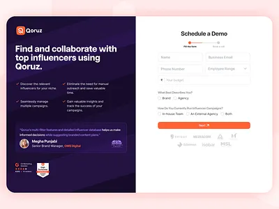 Qoruz - Get a Demo Landing Page influencer marketing landing page uiux