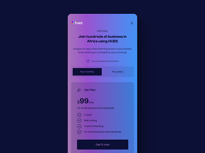 Hues - Pricing page app design figma ui