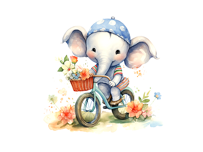 cute elephant riding bicycle kids illustration animal bicycle cheerful cute elephant flower illustration joyful kids art watercolor