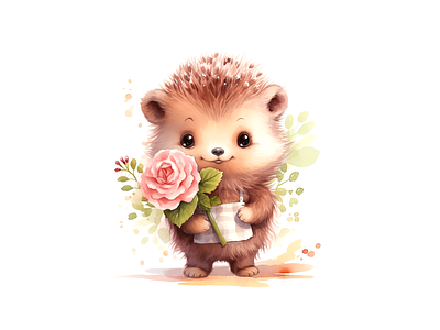 cute hedgehog holding carrying flower watercolor illustration animal artwork cheerful cute hedgehog illustration joyful kids art watercolor