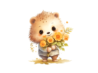 hedgehog carrying flower watercolor illustration animal cheerful cute hedgehog illustration joyful kids art watercolor