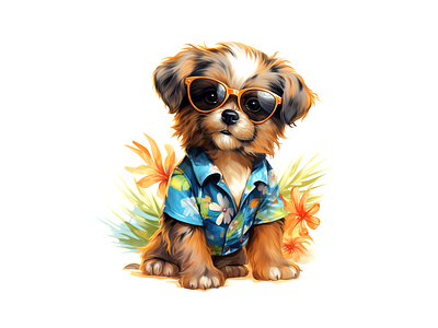 cute puppy wearing hawaii cloth and glasses watercolor panting adorable cheerful cute design dog glasses hawaii illustration joyful kids art shirt watercolor