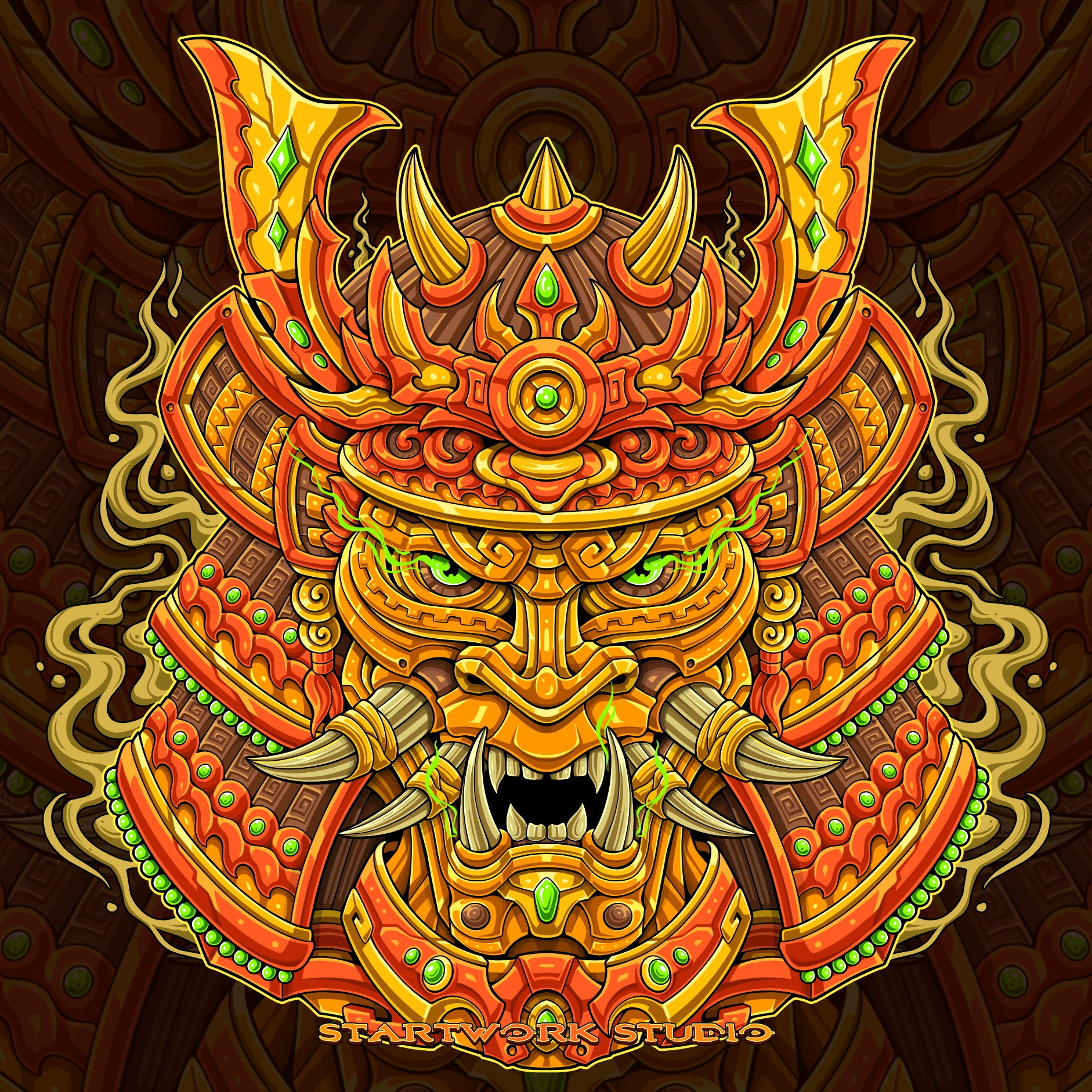 SHOGUN MASK character designs dark art demon digital illustration enamel pins japanese art mask design oni mask samurai shogun tshirt design vector illustration