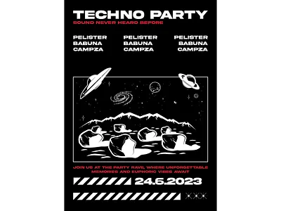 Techno Poster aliens black black and white creative creative design design dj flying saucers illustration mock up music party planets poster sound space techno universe vector white