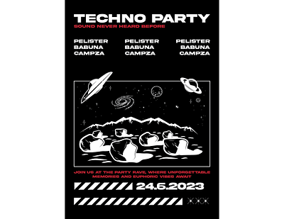 Techno Poster aliens black black and white creative creative design design dj flying saucers illustration mock up music party planets poster sound space techno universe vector white
