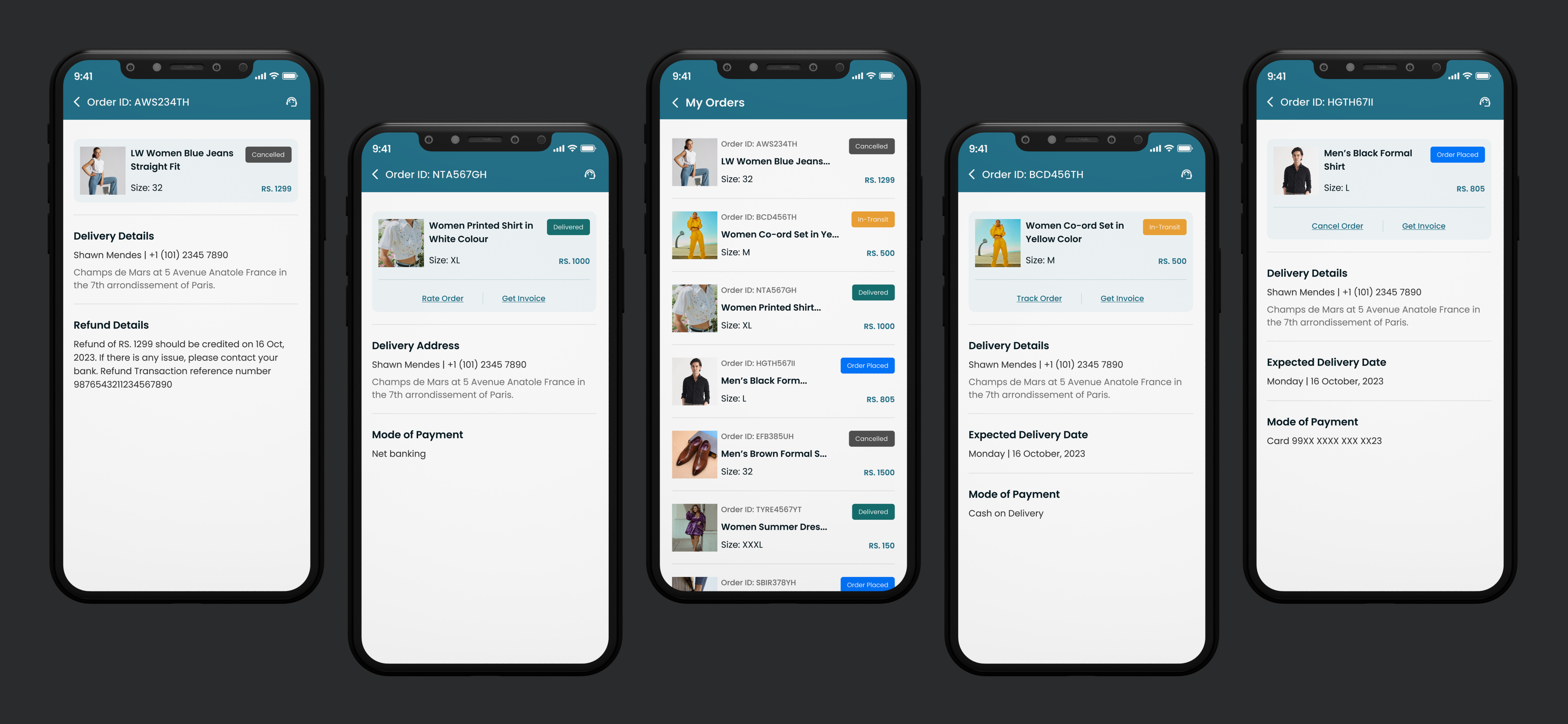 E-Commerce for Fashion Order Types Screen app branding delivered screen design graphic design gurgoan home screen intransit screen logo looking for job mobile app design mockup noida order cancelled screen order screen typography ui ux
