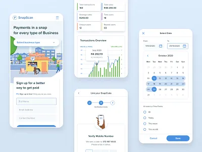 SnapScan - Mobile branding calendar clean components dashboard data date picker design design system interface menu minimal mobile navigation onboarding portal responsive signup ui ux