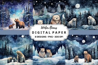 Winter Bears Watercolor Background background digital paper graphics images png