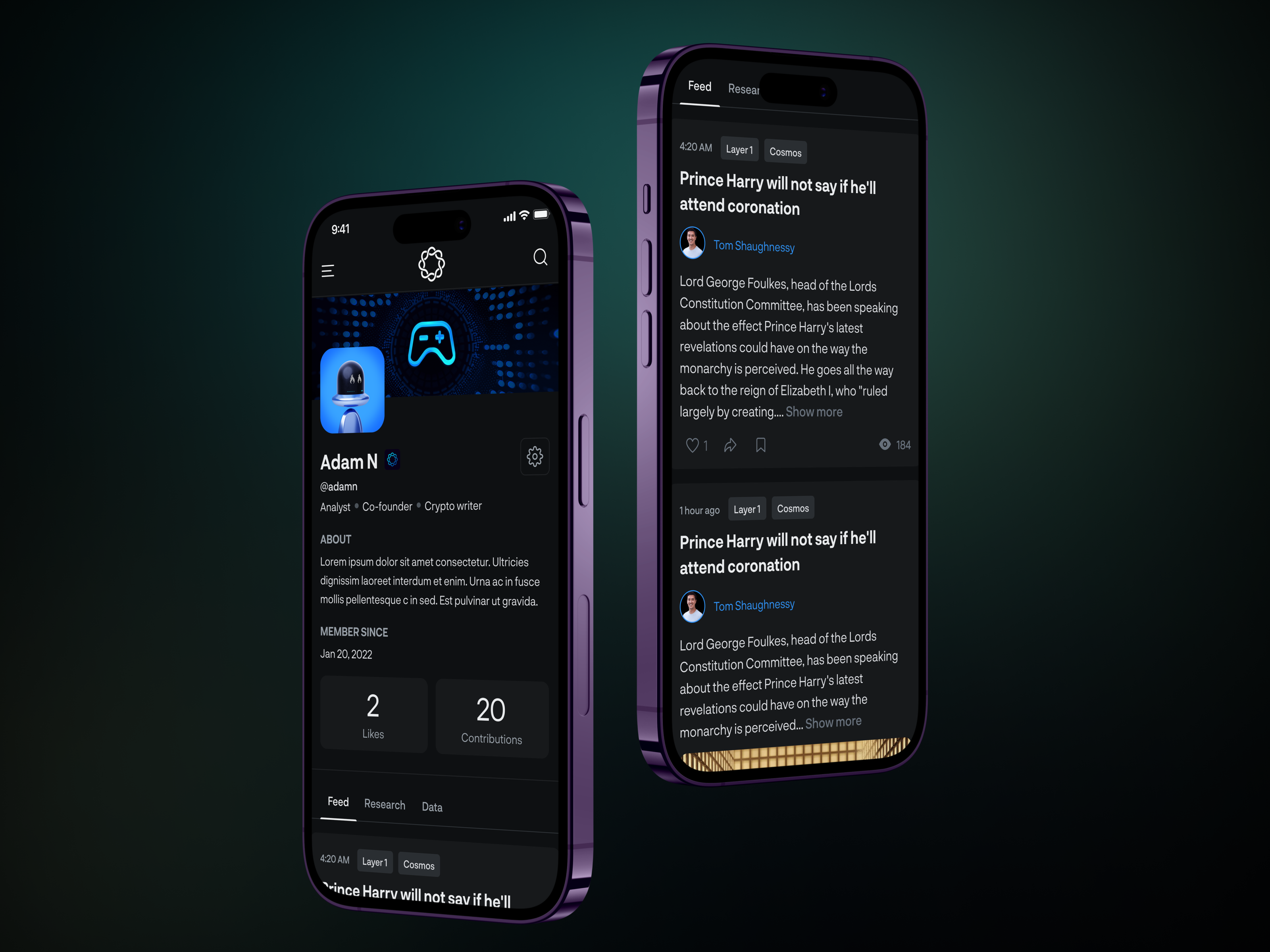Profile page for Delphi Digital app design clean dark mode design design agency interface design mobile app design modern product design profile page subscription ui ui design user interface ux ux design website design