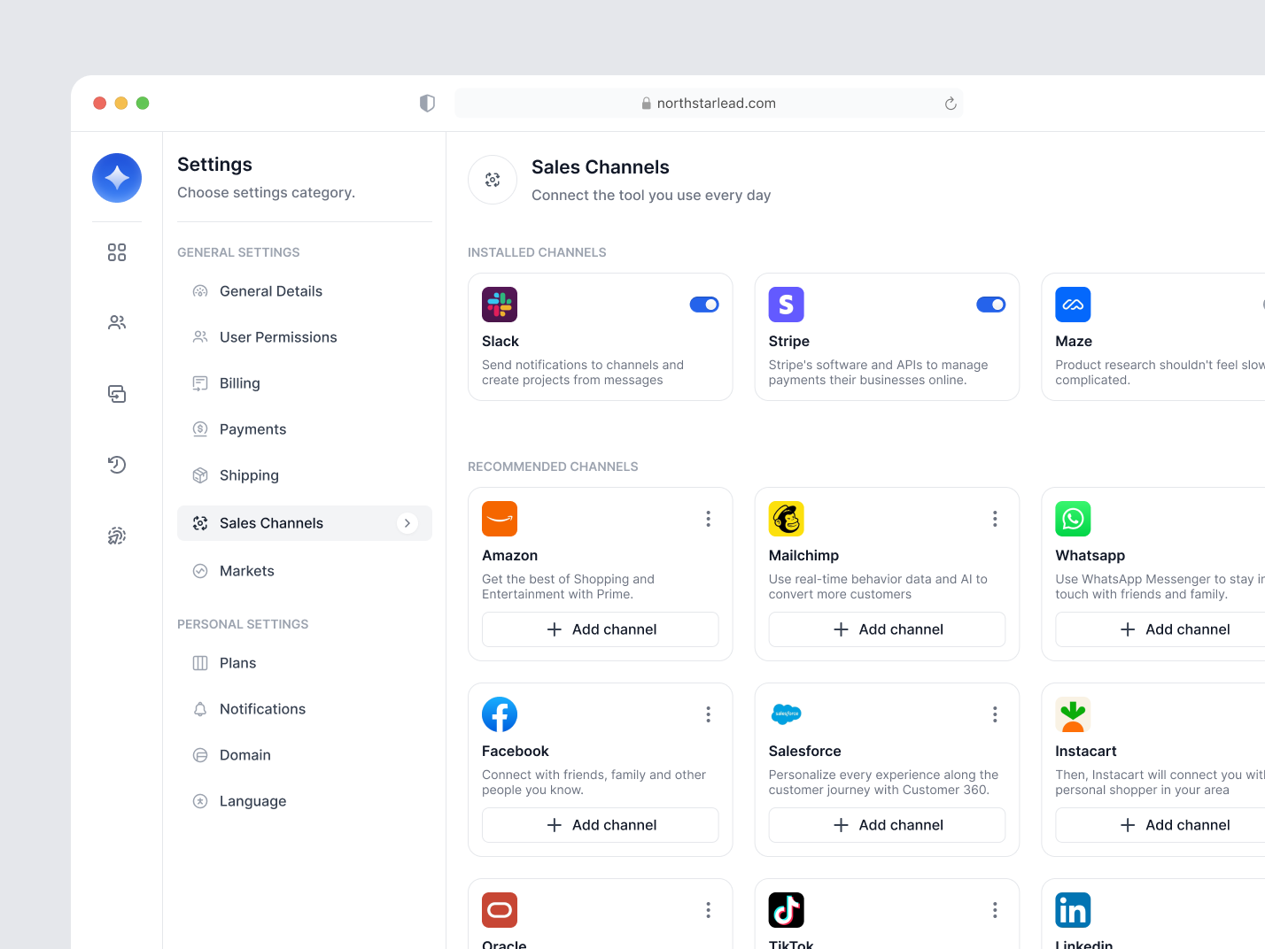 Sales Channels Settings app blue card clean dashboard design logo menu minimal sidebar ui ux