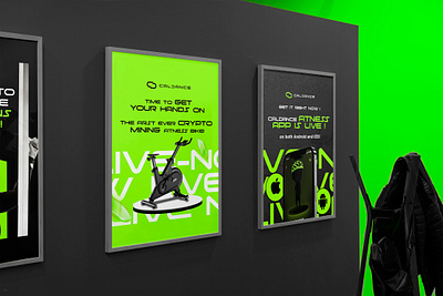 Launch poster designs for CalDance web3 crypto fitness tech app. app application black brand design branding colourful crypto design fitness graphic design green launch post post design poster poster design social media spin bike sporty web3