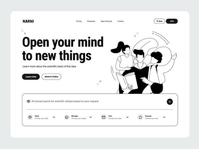Narni – Search For Knowledge Minimalism Landing Page Home Search agrigator app black clean creative design flat header illustration interface minimalism product science search searchbar service startup uiux website white