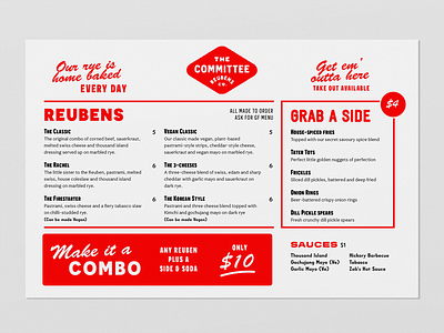 The Committee Menu fast casual fast food fast food menu horizontal menu landscape layout menu menu design red menu retro menu reuben sandwich single page vintage menu