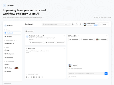 Product pitch, Goteam Ai powered project management software saas ui