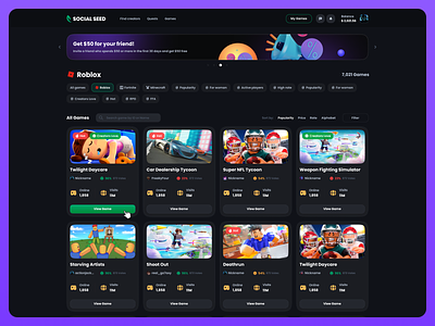 Social Seed - Game Page b2b b2c card ui filters fiver game game card game developer game page game platform gaming illustration inlfuencer platform roblox saas social sort by thumbnail upwork