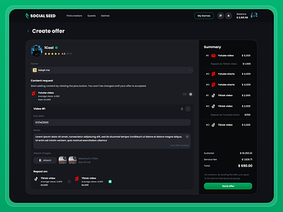 Social Seed - Create Offer b2b b2c create order dashboard game game platform gaming influencers offer order payment request saas shop shorts social summary tik tok