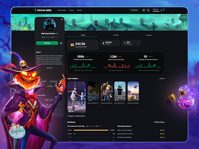 Social Seed - Creator Profile 2d b2b b2c banner creator dasboard game game platform gaming halloween illustration influencer latest videos profile rating reiews saas social platform stats