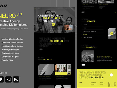 NEURO - Creative Agency Web UI Kit creative web dark ui dark yellow ui figma landing kit landing page template minimalist web minimalist web template modern agency web modern web portfolio website responsive web typography web web agency web agency template xd