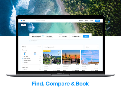 You can find, compare, and book! - Booking web design 2024 bhatti deven book booking website compare deven bhatti figma find inspiration laptop mockup minimal design modern website travel booking ui ux web design webapp website design