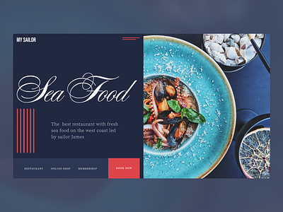 Sea food restaurant main screen blue concept design elegant interface landing main screen restaurant style typo ui ux web web concept website