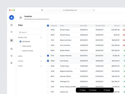 Invoices page blue dashboard filter minimal table ui web