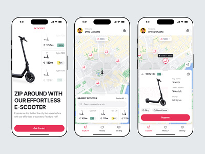 Scootiez - Scooter Rent App app city electric scooter escooter kickscooter maps mobile rent rent app rental route scooter scooter rent services sharing app transport travel ui ui design uiux