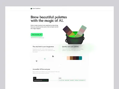 Color Cauldron - AI generative color palettes 3d ai animation app cards green halloween hero micro interactions svelte ui web