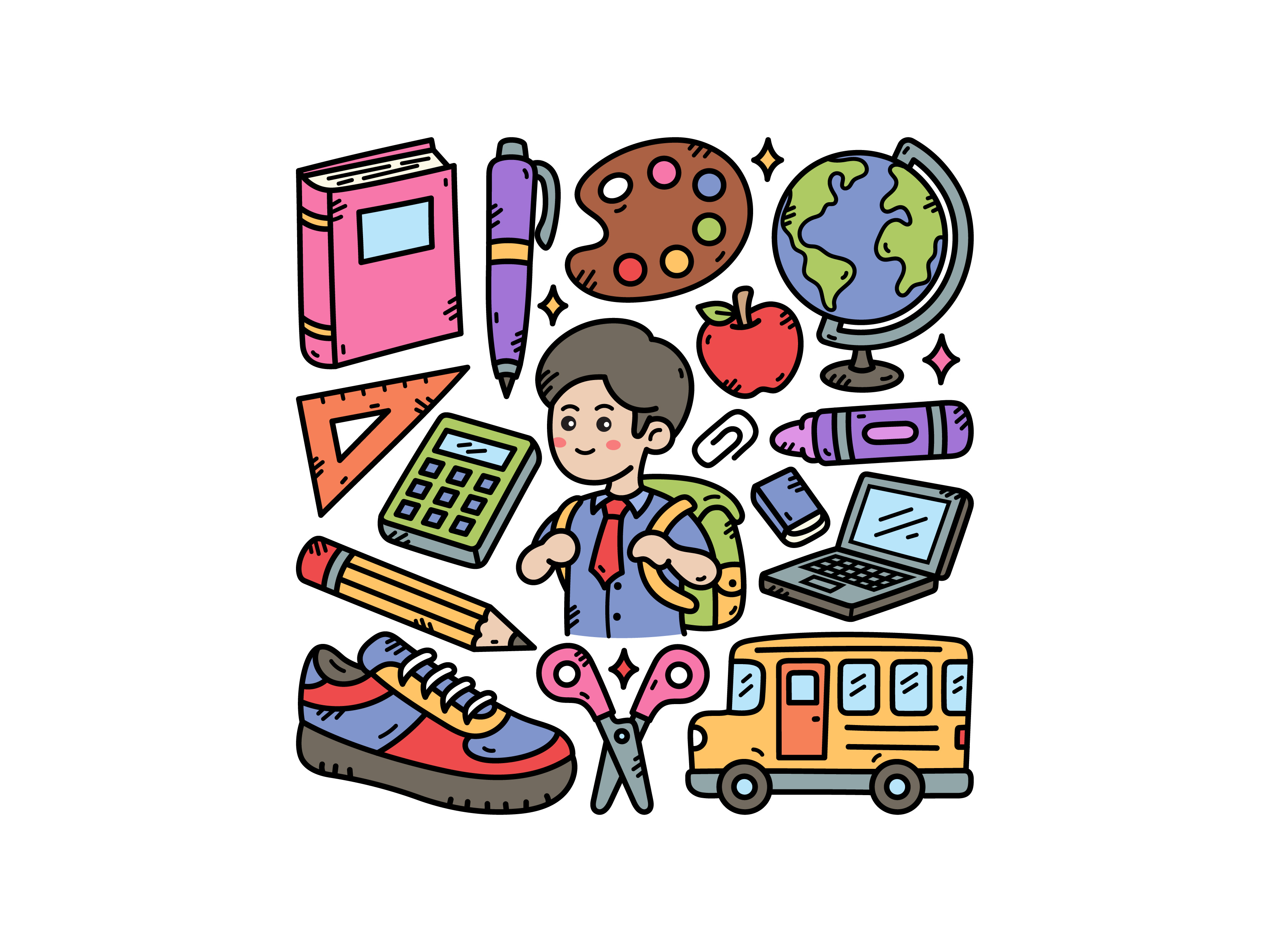 Back to School Doodle Set backtoschool book busschool cute doodle globe icon illustration logo pencil school shoes vector