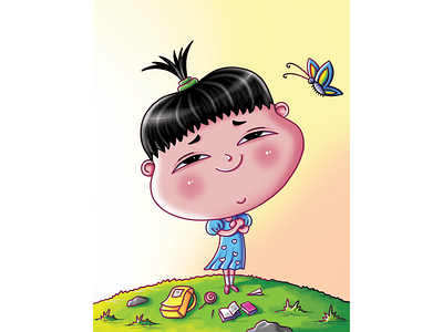 Japanese girl with a butterfly art bag books butterfly candy digital art friend girl illustration japanese kid lollipop photoshop playing school summer