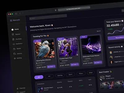 Mercado - Nft Marketplace Dashboard art artwork bitcoin clean crypto cryptoart crytocurrency dark dashboard digital art market marketplace nft nft dashboard nft market nft marketplace nfts sell web 3.0 website