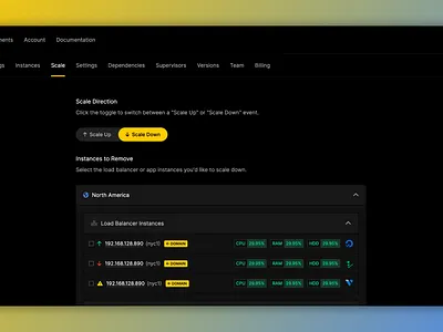 Scale Down Instances css dashboard deployment digital ocean html icon instances linode list scale scale down scale up scaling servers status table ui vultr