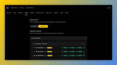 Scale Down Instances css dashboard deployment digital ocean html icon instances linode list scale scale down scale up scaling servers status table ui vultr